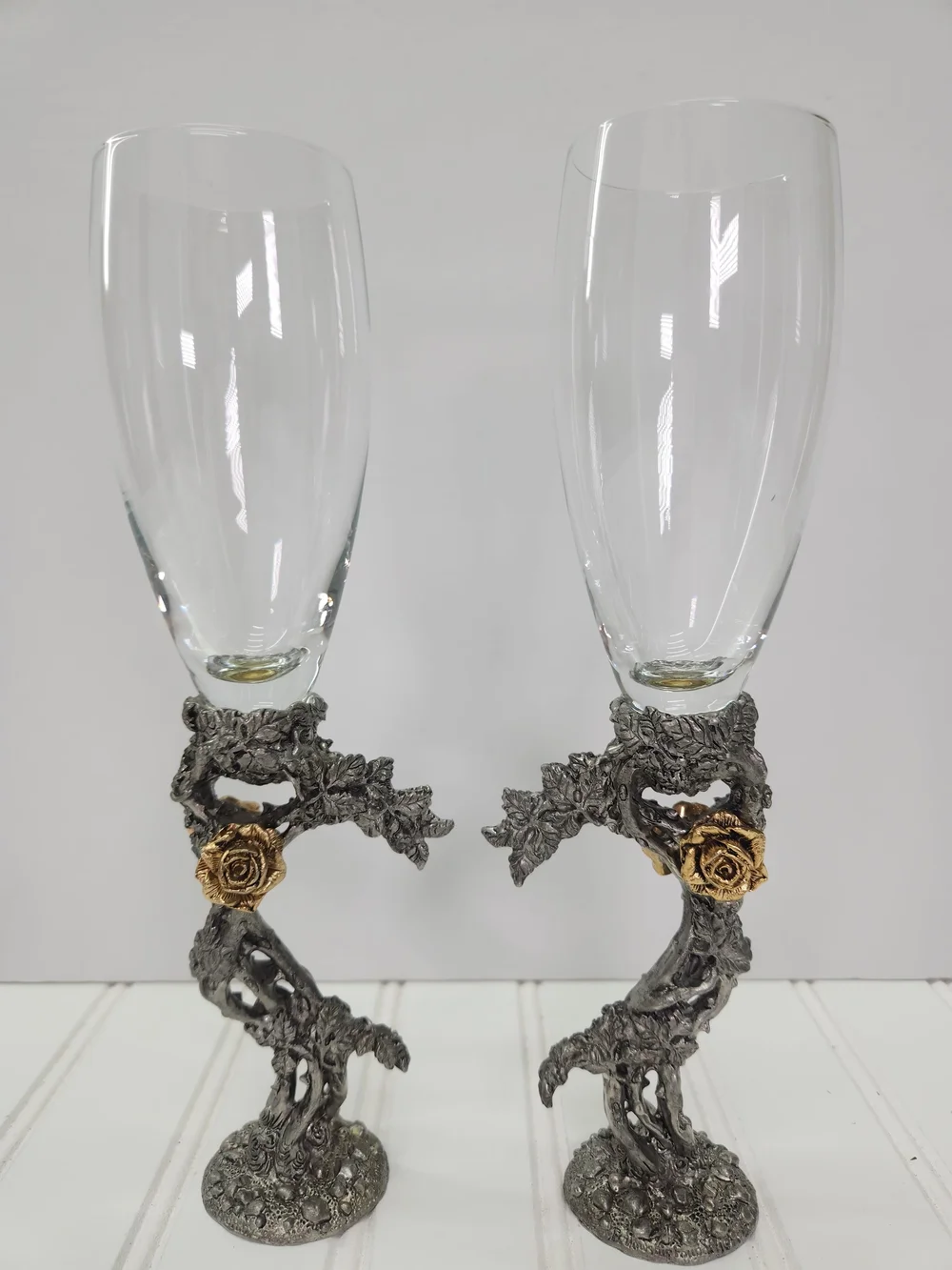 Vintage Fellowship Foundry Kevin O'Hare Pewter & Gold Rose Toasting Flutes Set